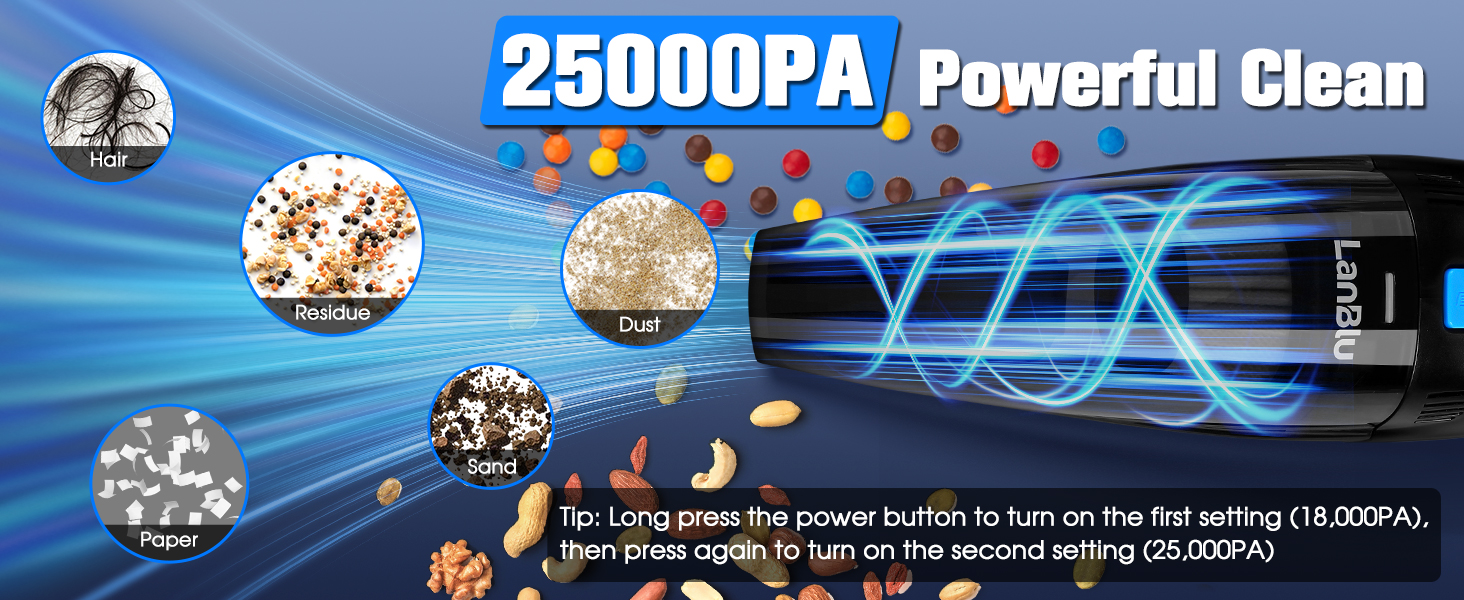 Акумуляторний ручний пилосос LanBlu для авто та дому, 25000Па, 120Вт, з LED-підсвіткою, зарядною станцією та мийним HEPA-фільтром, для вологого та сухого прибирання