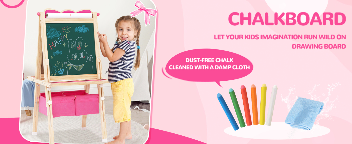 Дерев'яна мольберт Kinder Tafel з паперовою рулонкою, регульована висота, рожевий колір, двосторонній (whiteboard та дошка)