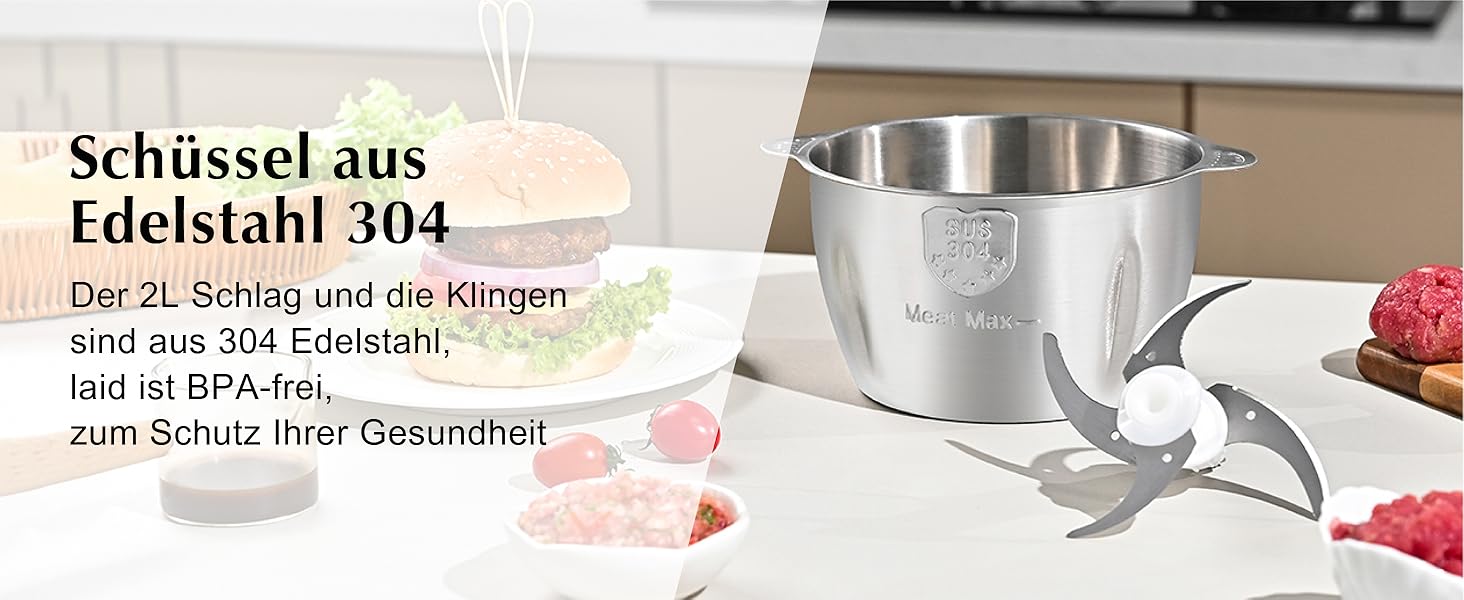 Електричний подрібнювач для кухні Kitchen in the Box 400W з 2 чашами (2L+2L) та двосторонніми лезами з нержавіючої сталі. Подрібнювач для м'яса, овочів, цибулі, фруктів срібного кольору.