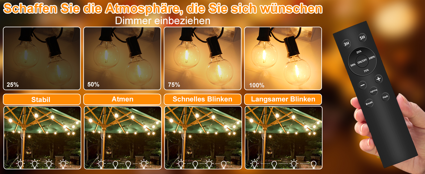 LED гірлянда для вулиці з пультом керування, 15м, G40, диммування, 4 режими, таймер, вологостійка, для саду, балкону, тераси, вечірки, кемпінгу, весілля