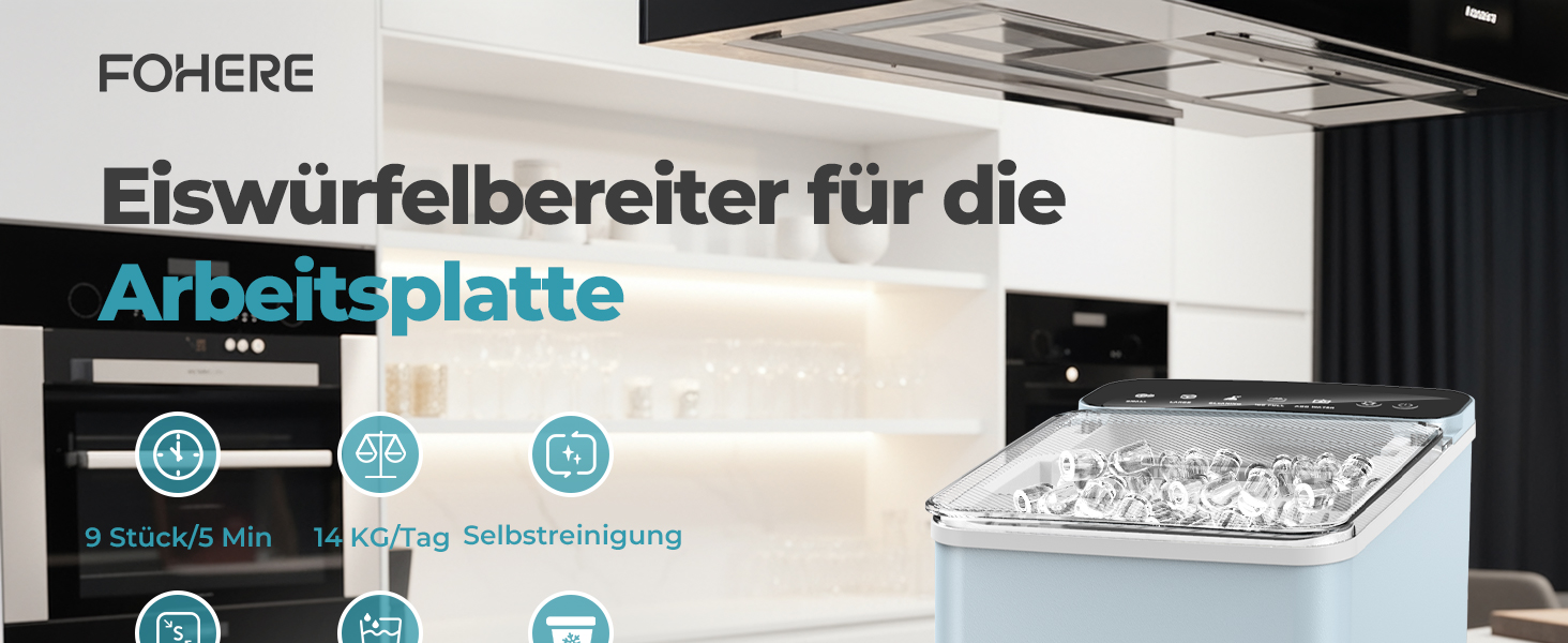 Льодогенератор Fohere портативний самоочисний 14 кг/24год, 2 розміри льоду, блакитний для дому, бару, офісу, кемпінгу зі шкребком та кошиком