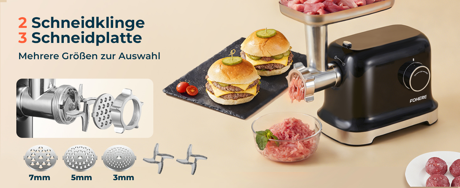 М'ясорубка електрична Fohere 2000 Вт з насадками для ковбас та кубів, 3 диски (3/5/7 мм), чорна