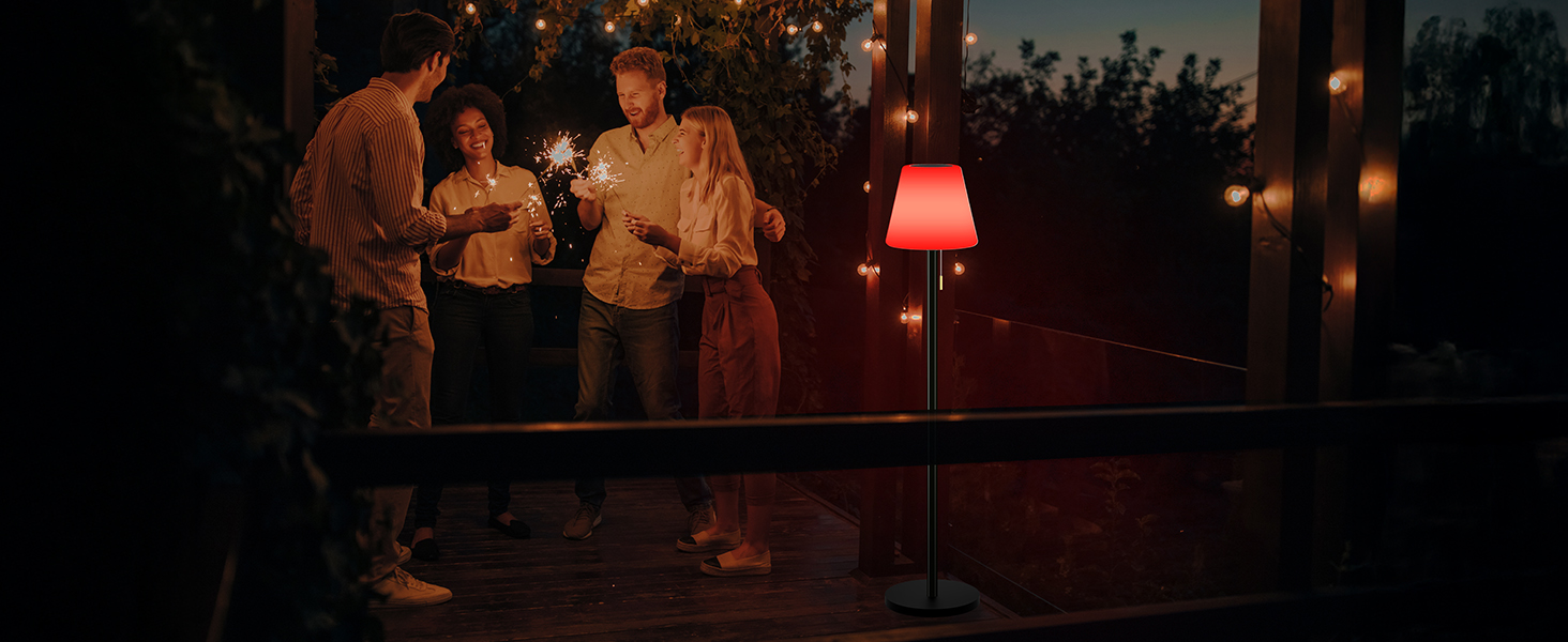 Сонячна LED стійка лампа для вулиці з акумулятором, димуванням, теплим білим та RGB світлом, з датчиком світла, водонепроникна для тераси