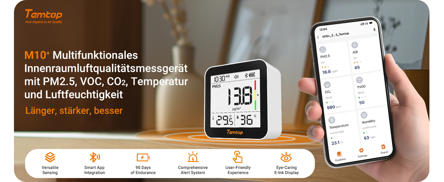 Temtop C10-2ND Монітор CO2 з Bluetooth та App, вимірювання температури та вологості, для дому та офісу