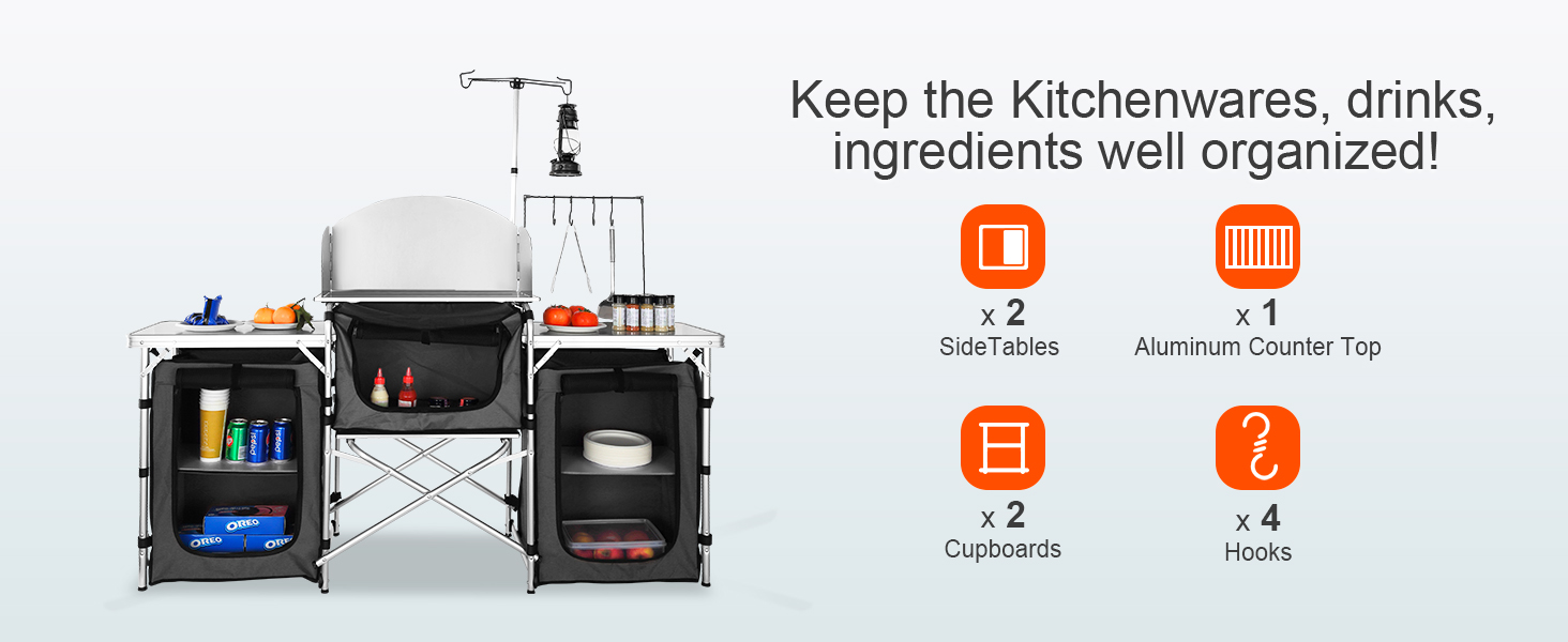 VEVOR Стіл для кемпінгу, розкладний туристичний стіл з місткою сумкою, алюмінієва кухонна станція з 3 шафками та знімним вітрозахистом, швидкий монтаж для пікніків та відпочинку на природі, чорний колір