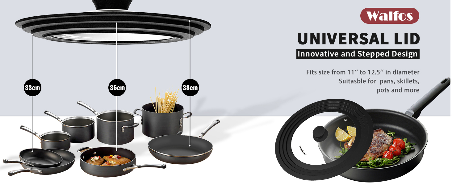 Універсальна скляна кришка для каструль та сковорід Walfos (33, 36, 38 см) з силіконовим обідком, термостійка, чорна