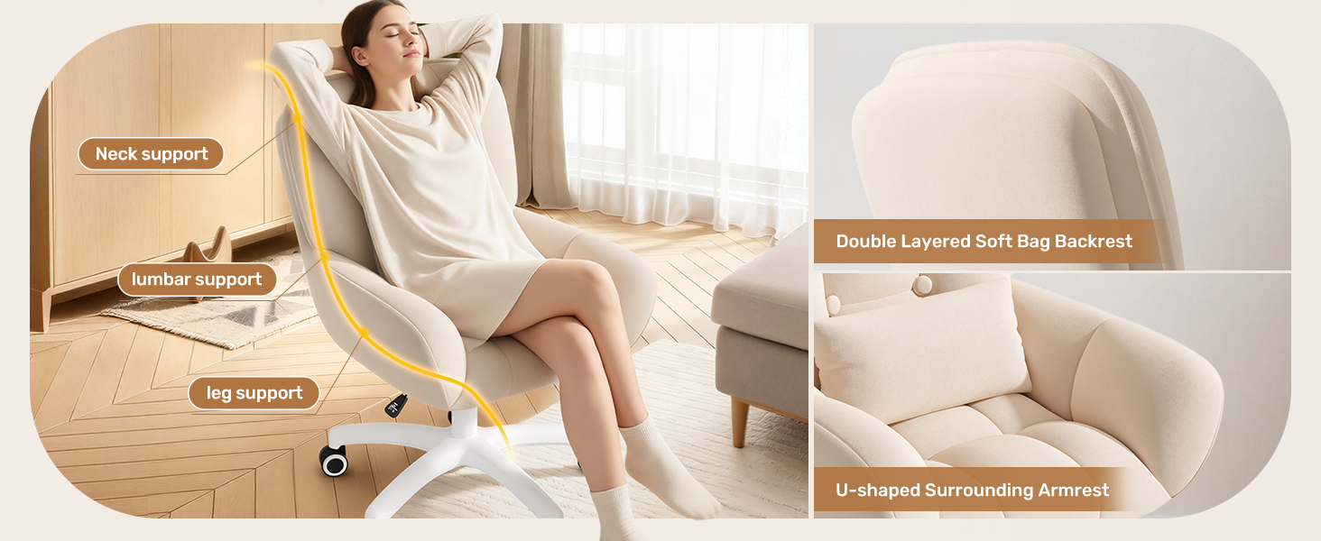 Ергономічне крісло 2-в-1 для дому та офісу: обертове, регульоване по висоті, з велюру, 360°, бежеве