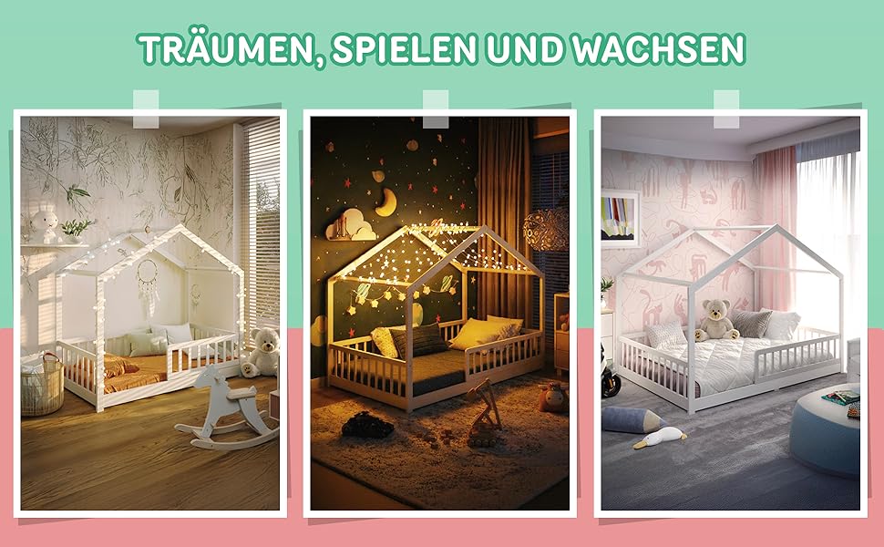 Ліжко-дитяча хатинка CADANI Malte, 120x200 см, білий колір, Montessori, з бортиками, трансформується, з ламелями, до 200 кг