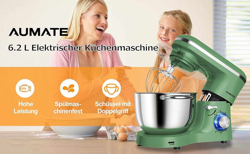 Кухонна машина AUMATE 1400W, 6.2 л, оливковий, з міксером та гаками для тіста