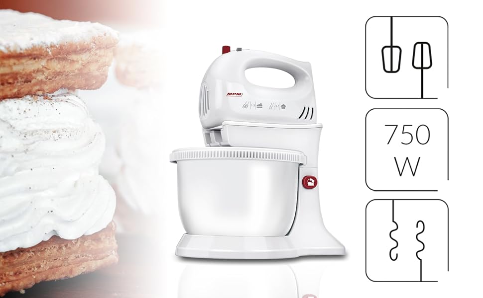 Кухонна планетарна міксер MPM MMR-16Z 750W, білий, 3.4 л, 5 швидкостей + Turbo, нержавіюча сталь, BPA Free