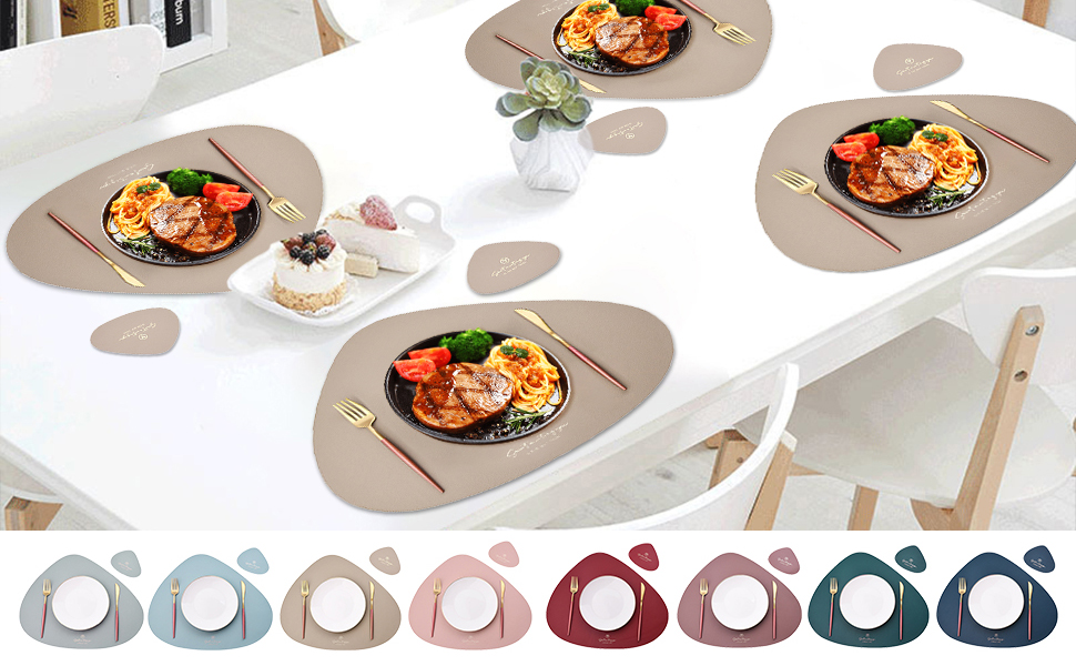 Набір підтарілок та підставки під склянку (6 шт.) з екошкіри, трикутної та овальної форми, бежевого кольору. Водостійкі, маслостійкі, термостійкі, з антиковзким покриттям.