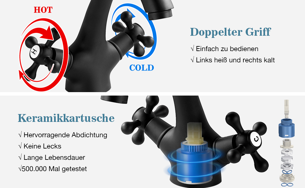 Чорний змішувач для ванної кімнати/умивальника з латуні, ретро стиль, 2-вентильний, G3/8