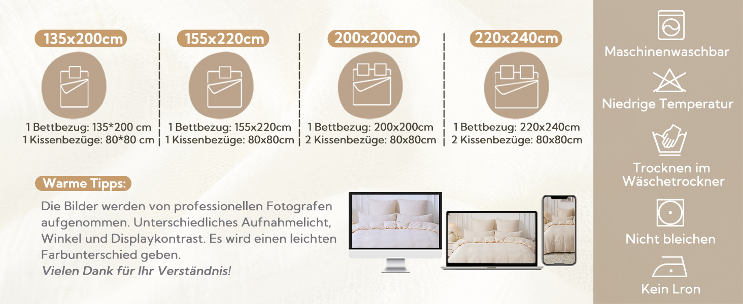 Муслінова постільна білизна SOULFUL 200x200 см, комплект 2 шт. (простирадло 135x200 см, наволочка 80x80 см), бавовна, ÖKO-TEX, застібка на блискавку, світло-бежевий