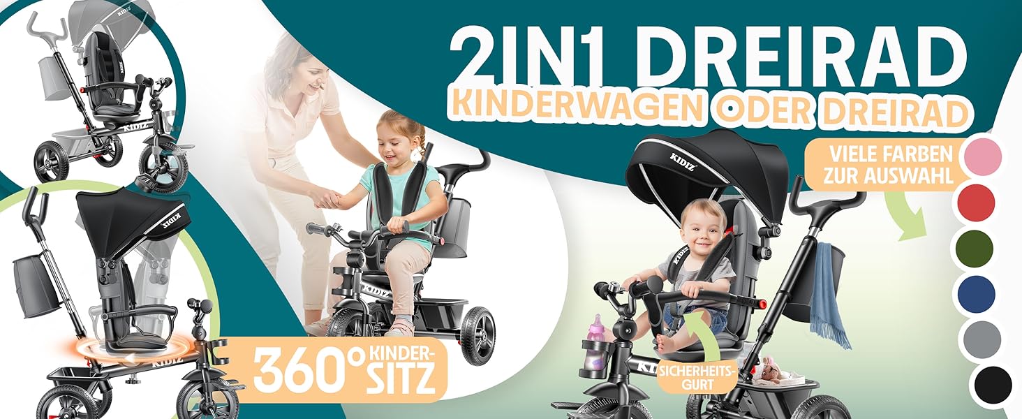 Дитячий триколісний велосипед KIDIZ 6-в-1: з ручкою, кошиком, сонцезахисним дахом, до 25 кг, сірий