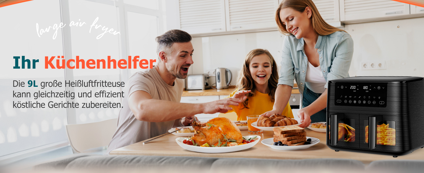 Фритюрниця повітряна з 2 камерами та скляним вікном, 9л, 9-в-1, сенсорний дисплей, кошики, що миються, антипригарне покриття, здорова фритюрниця без олії