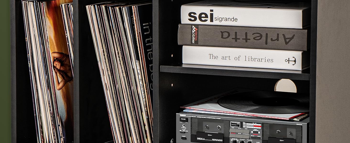 Стіл для програвача вінілу, стійка для програвача середини століття з місцем для зберігання до 150+ платівок, шафа для платівок з регульованими полицями, чорний