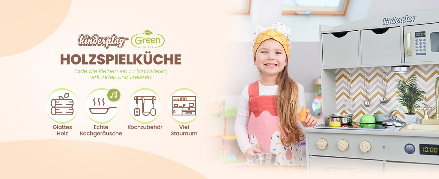 Дерев'яна дитяча кухня Kinderplay з LED та звуками приготування їжі – регульована висота 92–107 см – іграшкова кухня для ролевих ігор від 3 років – повний комплект з аксесуарами, світло-сірий колір Elegant - світло-сірий