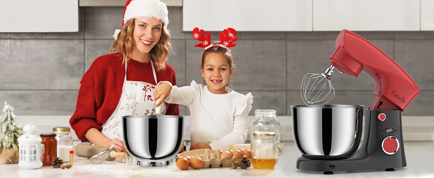 Кухонна машина-міксер Facelle 1500W з чашею 5.5L/4.5L, 10+ програм, тиха робота, з набором насадок (червоно-сірий)