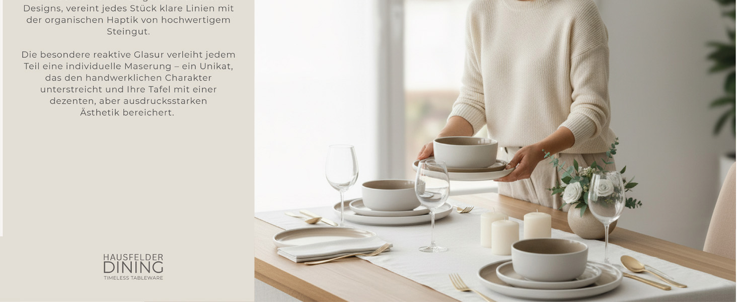 Набір посуду Hausfelder для 8 осіб (32 елементи) – сервіз з тарілок, мисок та чашок, кераміка, бежевий (Nordic Sand), стійкий до миття в посудомийній машині