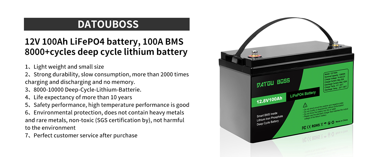 Акумулятор DATOUBOSS 12V 100Ah LiFePO4, 100A BMS, 8000 циклів, глибокий цикл, для автофургону, сонячна батарея, човен