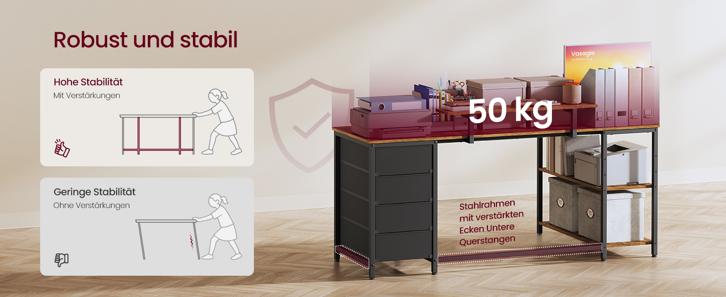Кутовий комп'ютерний стіл VASAGLE з розетками, 160x80 см, вінтажний коричневий LWD173KD01 - ігровий стіл з USB, 4 шухляди