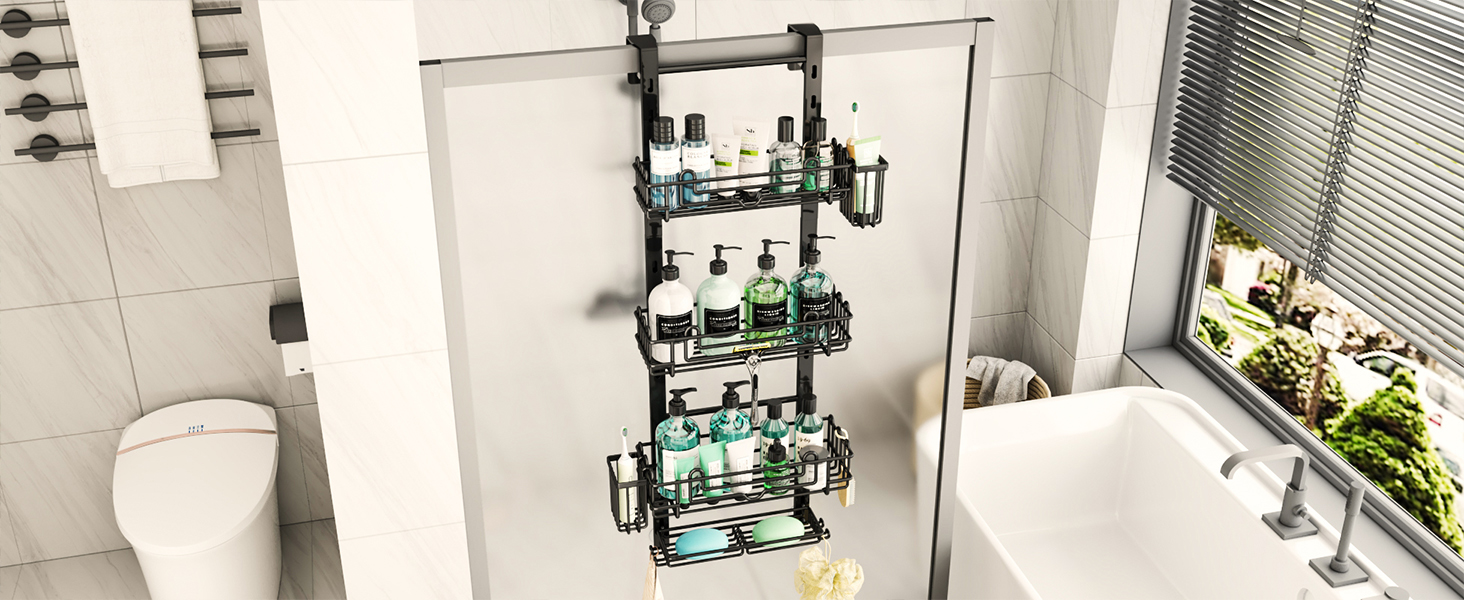 Настінна поличка для душу HapiRm з 4 ярусами, чорна - 22 гачки, 2 тримачі для зубних щіток