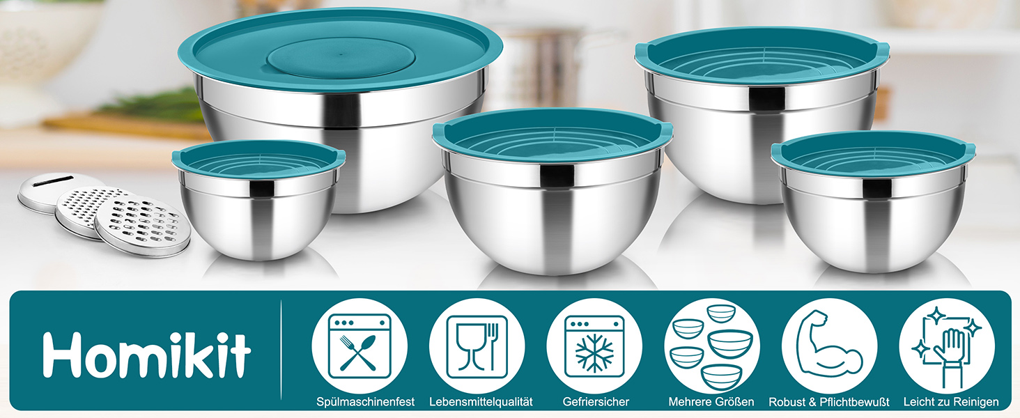 Набір мисок Homikit, 5 шт. з нержавіючої сталі, з кришкою та силіконовим дном, мультифункціональний, для салатів, 6.6L / 3.5L / 2.5L / 1.5L / 1L (блакитний, з 3 тертками)