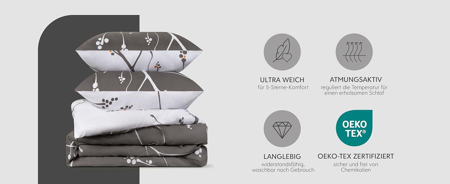 Комплект постільної білизни Dreamzie 200x200 см з 2 наволочками 80x80 см, сірий гілковий малюнок, для дорослих, 100% мікрофібра, сертифікат Oeko TEX