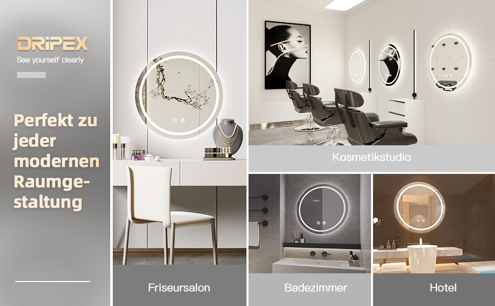 Дзеркало для ванної кімнати Dripex круглої форми з підсвічуванням LED, сенсорне керування, регулювання яскравості, 3 кольори світла, антизапарник, 50x50 см