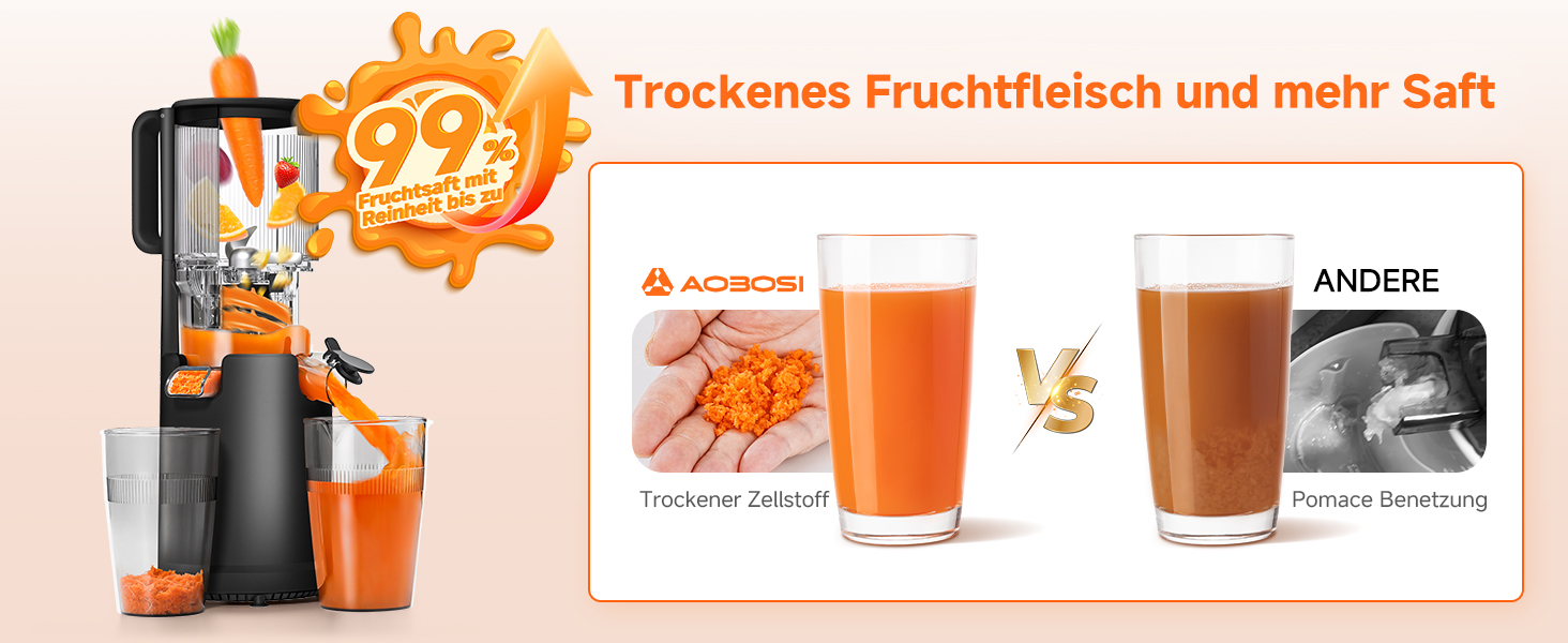 AOBOSI Повільнодіючий соковитискач з великою завантажувальною воронкою 135 мм, 200 Вт, холодний віджим, зворотний хід, потрійний фільтр, BPA-free, тихий, для свіжих соків з фруктів та овочів, чорний
