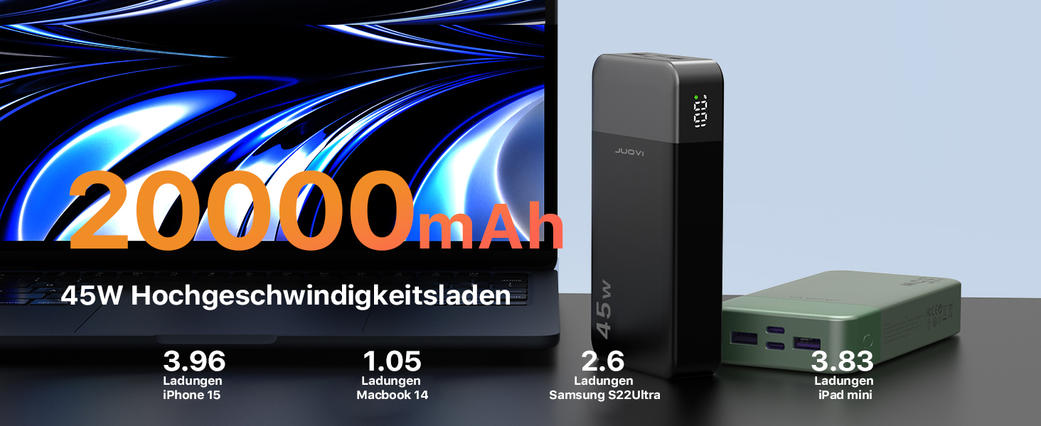 Портативний Power Bank JUOVI J2621, 20000mAh, 45W, сумісний з Switch, MacBook, iPhone, Samsung, Steam Deck та іншими пристроями (чорний)