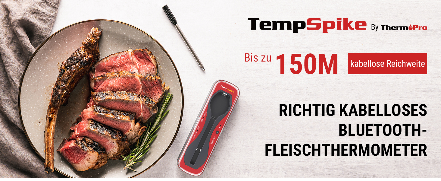 Термометр для м'яса ThermoPro TempSpike бездротовий 150 м Bluetooth Термометр для гриля IP67 Термометр для смаження м'яса Термометр для духовки Гриль Коптильня Гриль Роттердам Фритюрниця Безпечний для миття в посудомийній машині (Червоний)