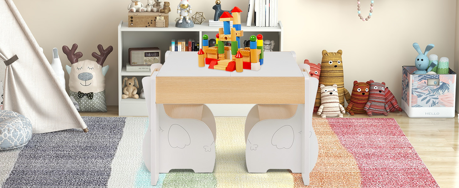 Дерев'яний дитячий стіл з 2 стільцями DREAMADE, 3 шт. Дитяча меблева група з двостороннім столом та місцем для зберігання, набір меблів для дітей, для хлопчиків та дівчаток (білий)