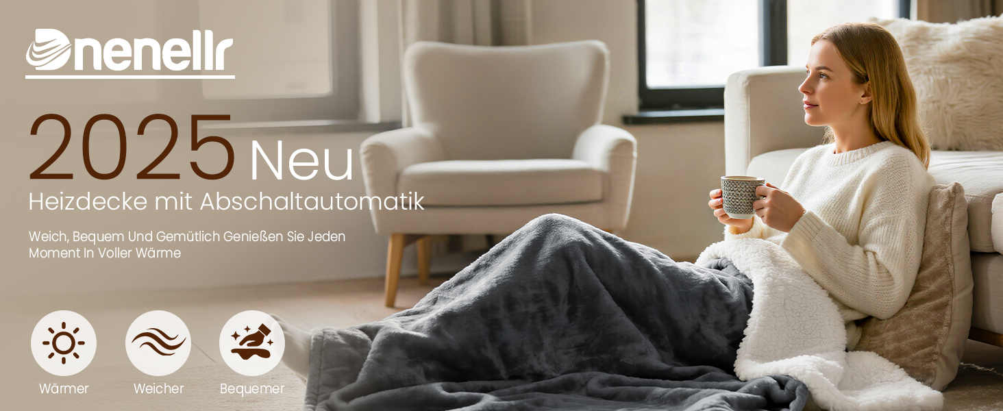 Електрична ковдра Dnenellr XXL 200x180 см з автоматичним вимкненням, 6 режимів нагріву, захист від перегріву, пральна, для ліжка та дивану