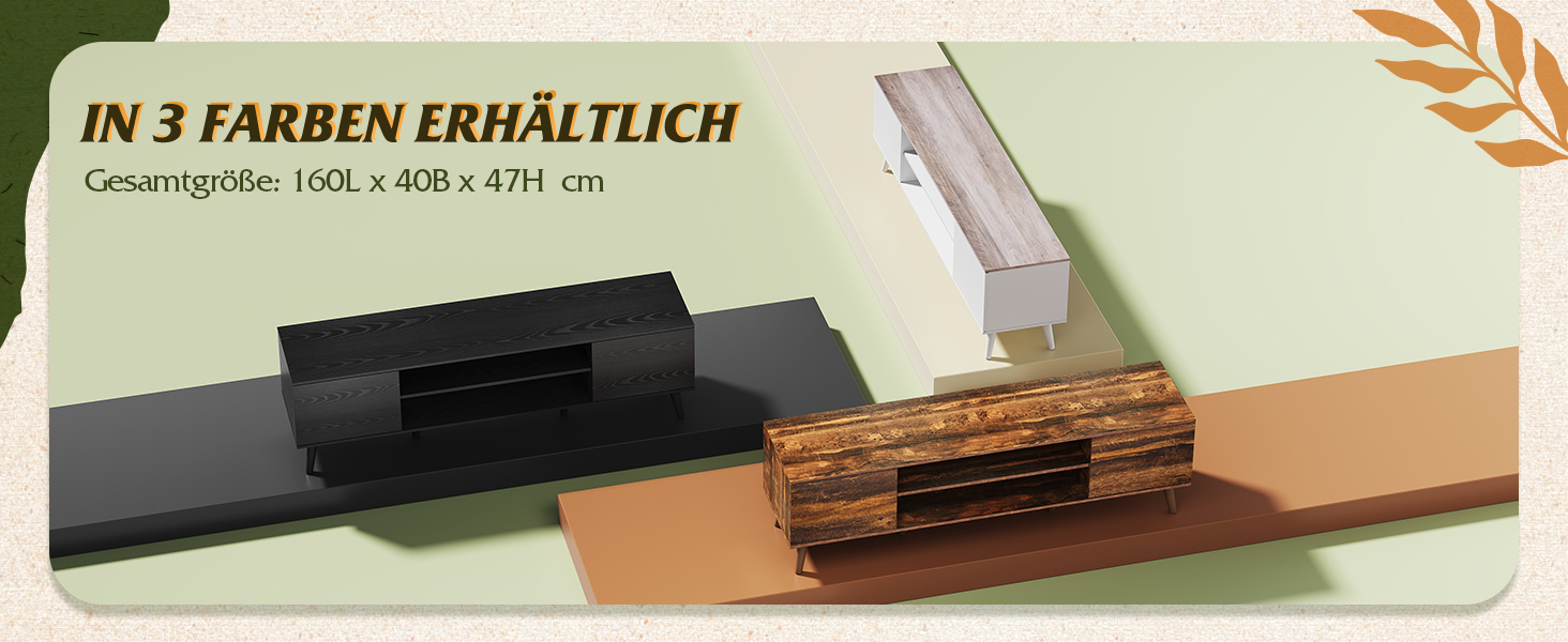 Тумба під телевізор WLIVE Schwarz 160x40x47 см, чорна, з 2 дверцятами та 2 відкритими полицями для вітальні, спальні, їдальні