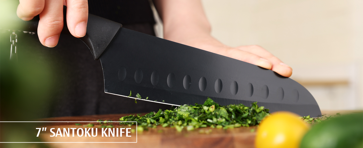 Набір кухонних ножів Hecef 15 предметів з бруском, чорний колір, антипригарне покриття, безпечний для миття в посудомийній машині, самозаточуваний брусок, ергономічні ручки, набір ножів для кухні для початківців та любителів готування (6 шт)