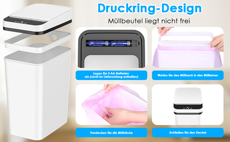 Набір з 2 відер для сміття Dreamhigh® з датчиком, 12 л, електричні, автоматичний кришка, розумні, 3 режими відкривання, тихі, водонепроникні для кухні, ванної кімнати, офісу, вітальні (Чорний + Білий)