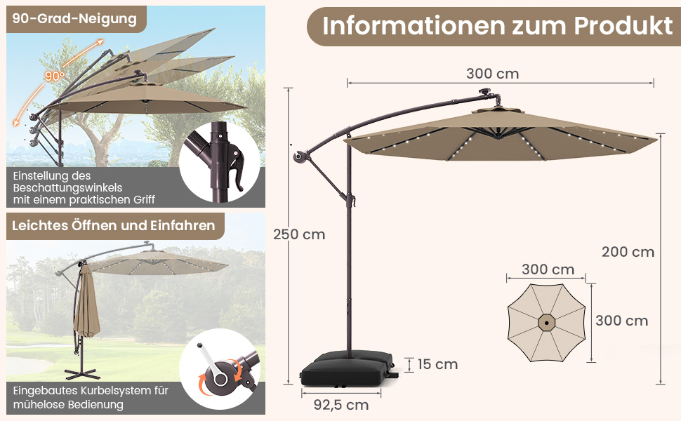 Парасолька від сонця COSTWAY 300 см з підставкою та LED-підсвіткою, бежева — садова парасолька-ампел з ручкою-коробкою та UV-захистом для тераси, басейну та двору
