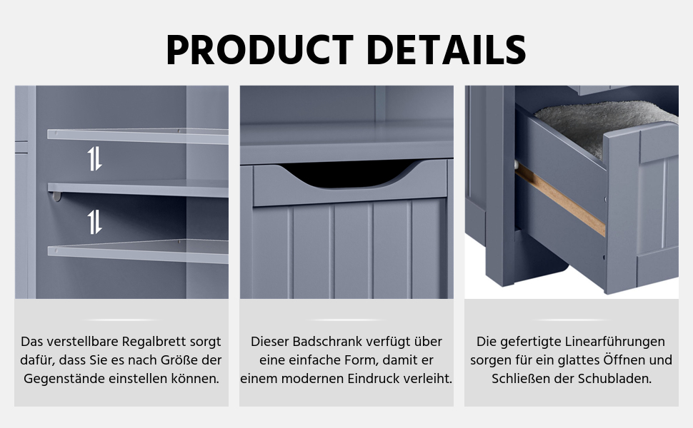 Шафа для ванної кімнати Yaheetech з 3 висувними ящиками та 1 дверцятами, регульовані полиці, 66x35x90 см (Сірий)