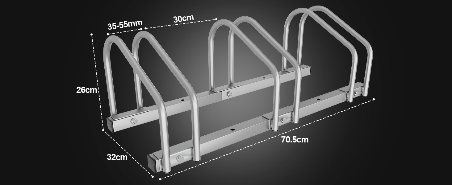 Ширина шини Sonnewelt 35-55 мм, Велосипедна стійка Підлога Parker, Стійка для велосипеда Стійка для велосипеда Легка збірка Сталева оцинкована, Підлога для велосипедної стійки 70,5x32x26 см (Срібло) (Кріплення для велосипеда для 4 велосипедів, 2 рази)