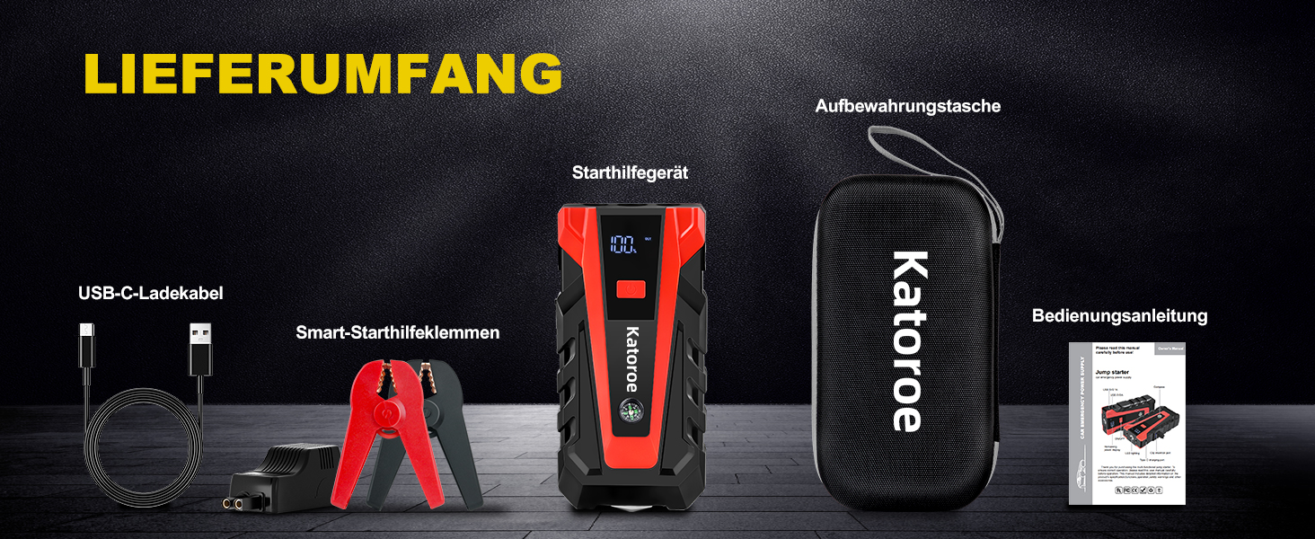 Powerbank Starthilfe 4000A: Зарядний пристрій для автомобіля, SUV та мотоцикла з LED ліхтариком. Підходить для бензинових двигунів до 9.0L та дизельних до 7.0L.