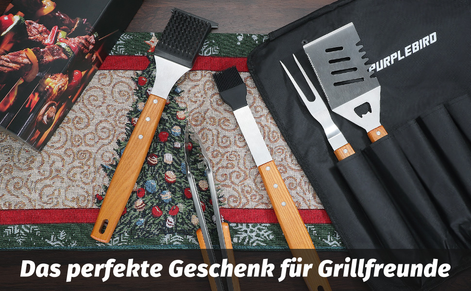 Набір гриль-посуду PURPLEBIRD 5 предметів: професійний набір інструментів з нержавіючої сталі, з чохлом-фартухом та дерев'яними ручками. Ідеально для BBQ, тепаньякі, подарунок для чоловіків.