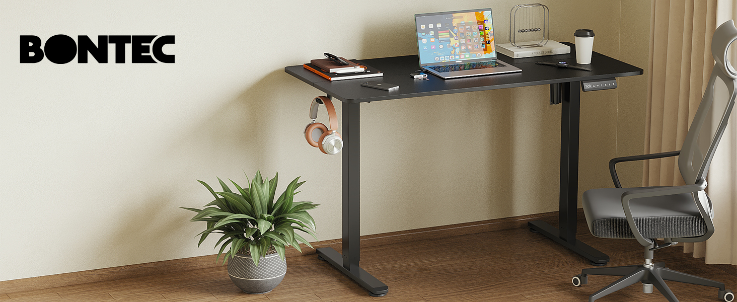 Електричний регульований стіл BONTEC 120x60 см з LED-дисплеєм, 3 пам'яті висоти, тримач для навушників, чорний