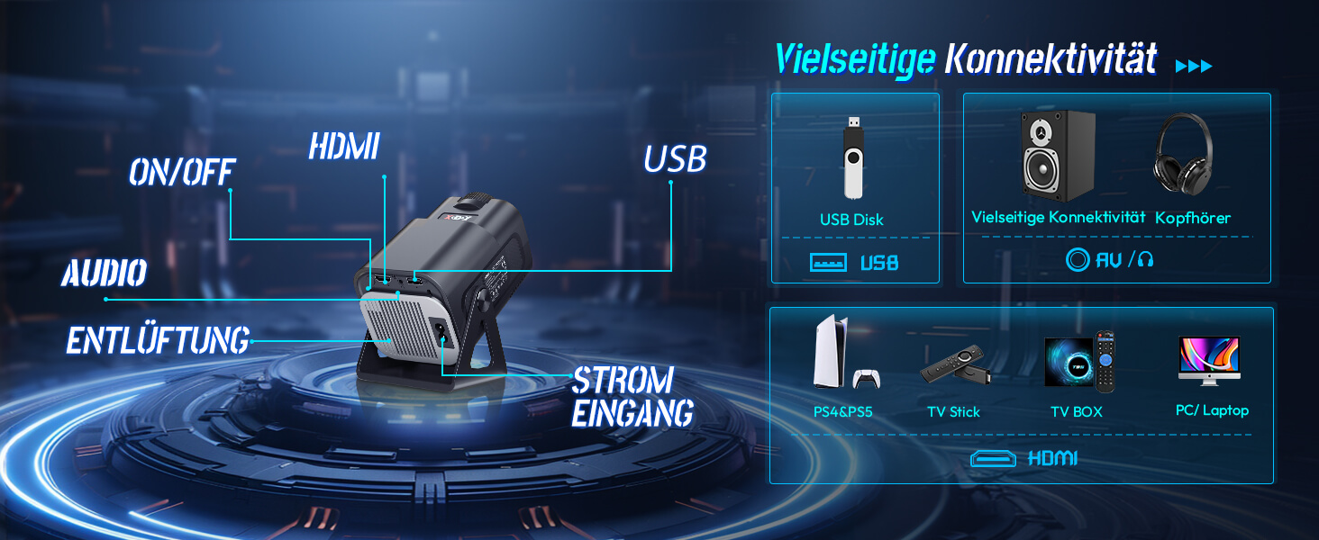 Портативний проєктор Xgody Gimbal 3: 12000 Люмен, Android 11.0, WiFi 6, Bluetooth, 720P HD (підтримка 4K), Автоматичне вирівнювання зображення, для домашнього кінотеатру (білий/чорний)