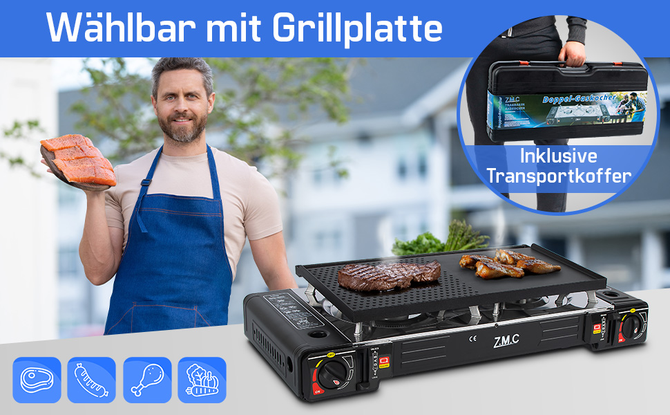 Газовий набір для кемпінгу ZMC 2-поверховий з адаптером для LPG + 4 балончики 227г + кейс, 2.5кВт, з Piezo-запалюванням, для відпочинку на природі та дому