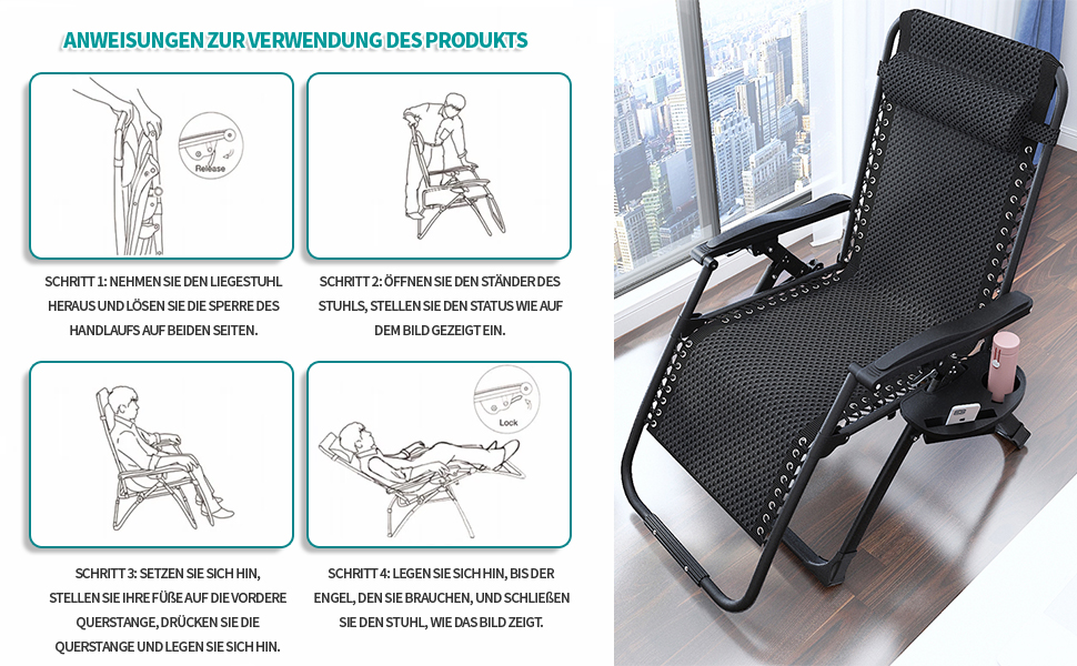 Розкладний шезлонг для відпочинку: зручний садовий стілець з регульованою спинкою, чорний (72 см)
