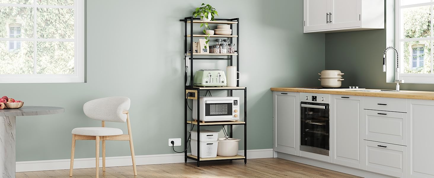 Кухонна полиця WOLTU з 6 ярусами, з розетками, для мікрохвильової печі, з металевим каркасом, регульовані полиці, Чорний+Рустикальне коричневий, 60 x 167 x 40 см (Чорний+світлий дуб, 60 x 39,5 x 167 см)