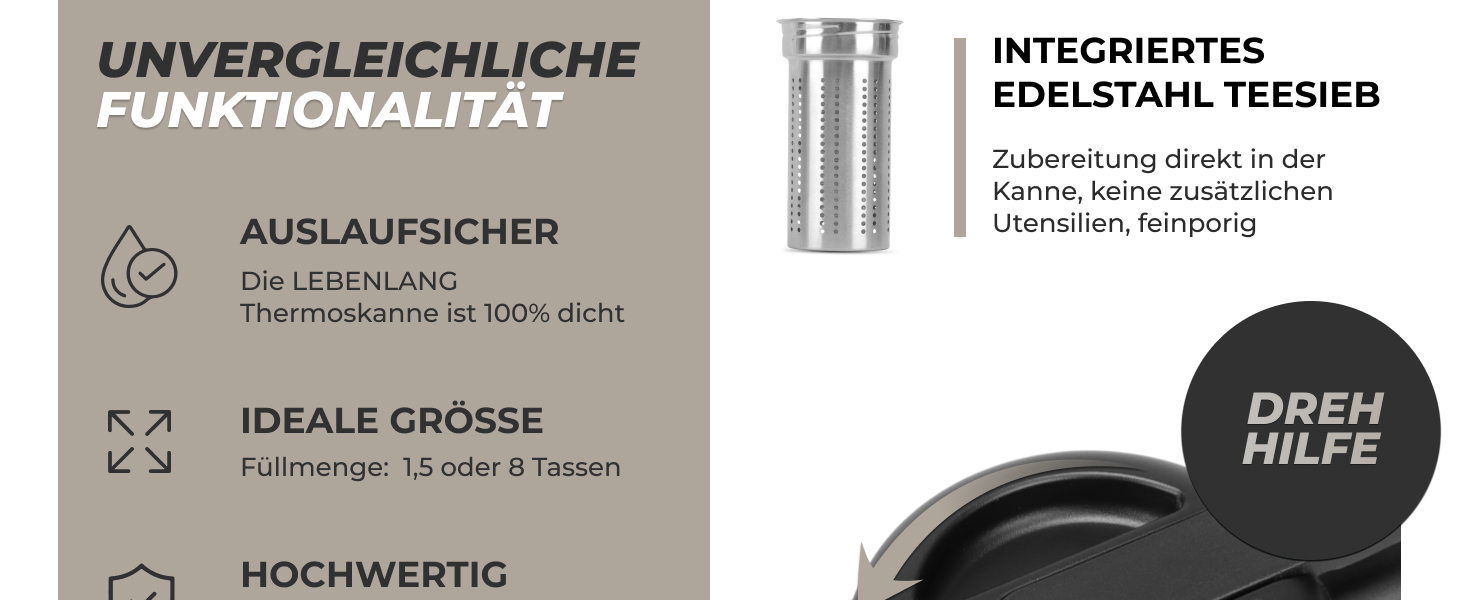 Термос LEBENLANG 1,5L з керамічним покриттям - з ситом для чаю | 24 години зберігає тепло | Термокана для кави та чаю | Сріблястий