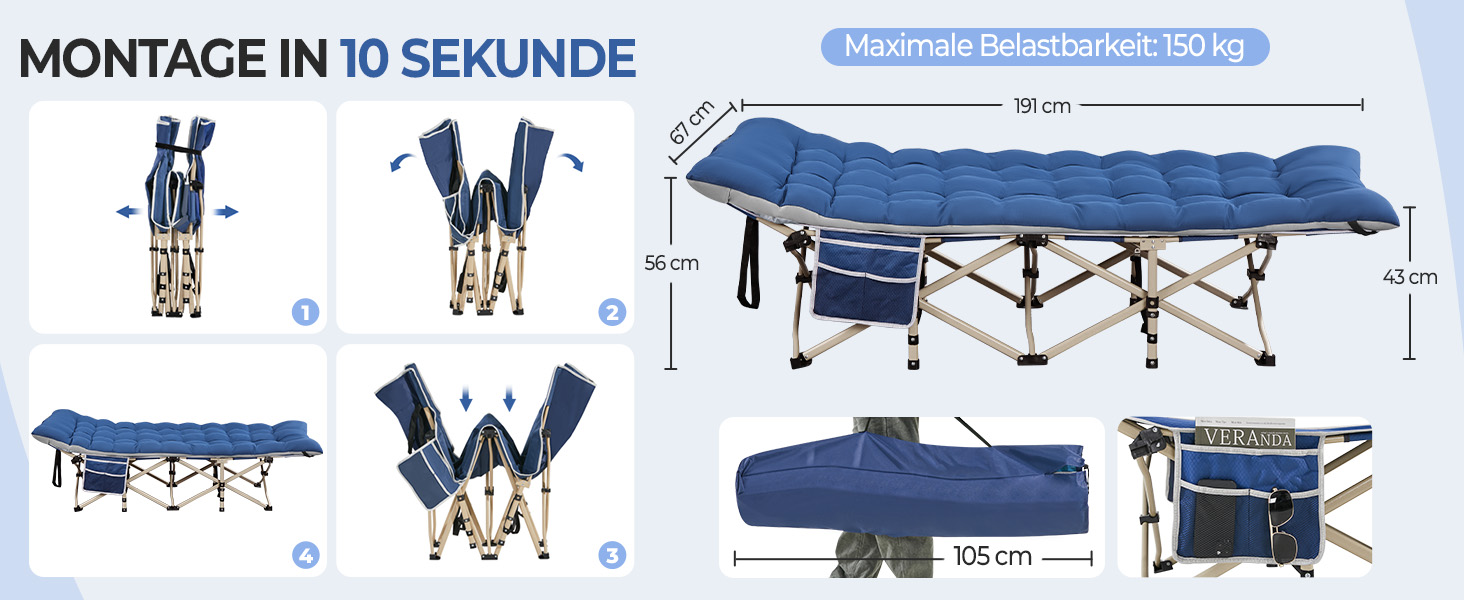 Розкладне кемпінгове ліжко Yaheetech з матрацом та сумкою для транспортування, 191 x 67 см, до 150 кг, сірий матрац та чорний каркас