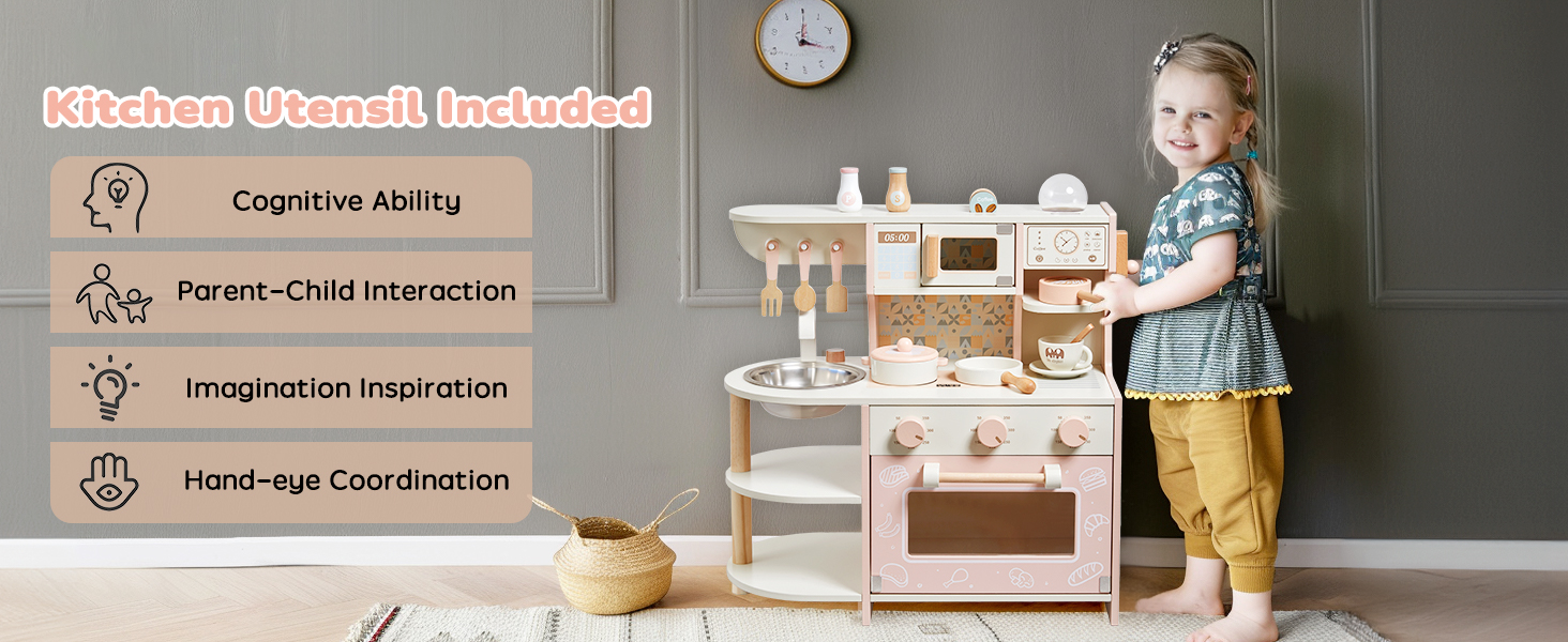Дитяча дерев'яна кухня для приготування їжі - ігровий набір з 26 аксесуарів. Іграшкова кухня з продуктами та кухонним посудом. Чудовий подарунок для дівчаток та хлопчиків 3+ років. Велика кухня (рожева)